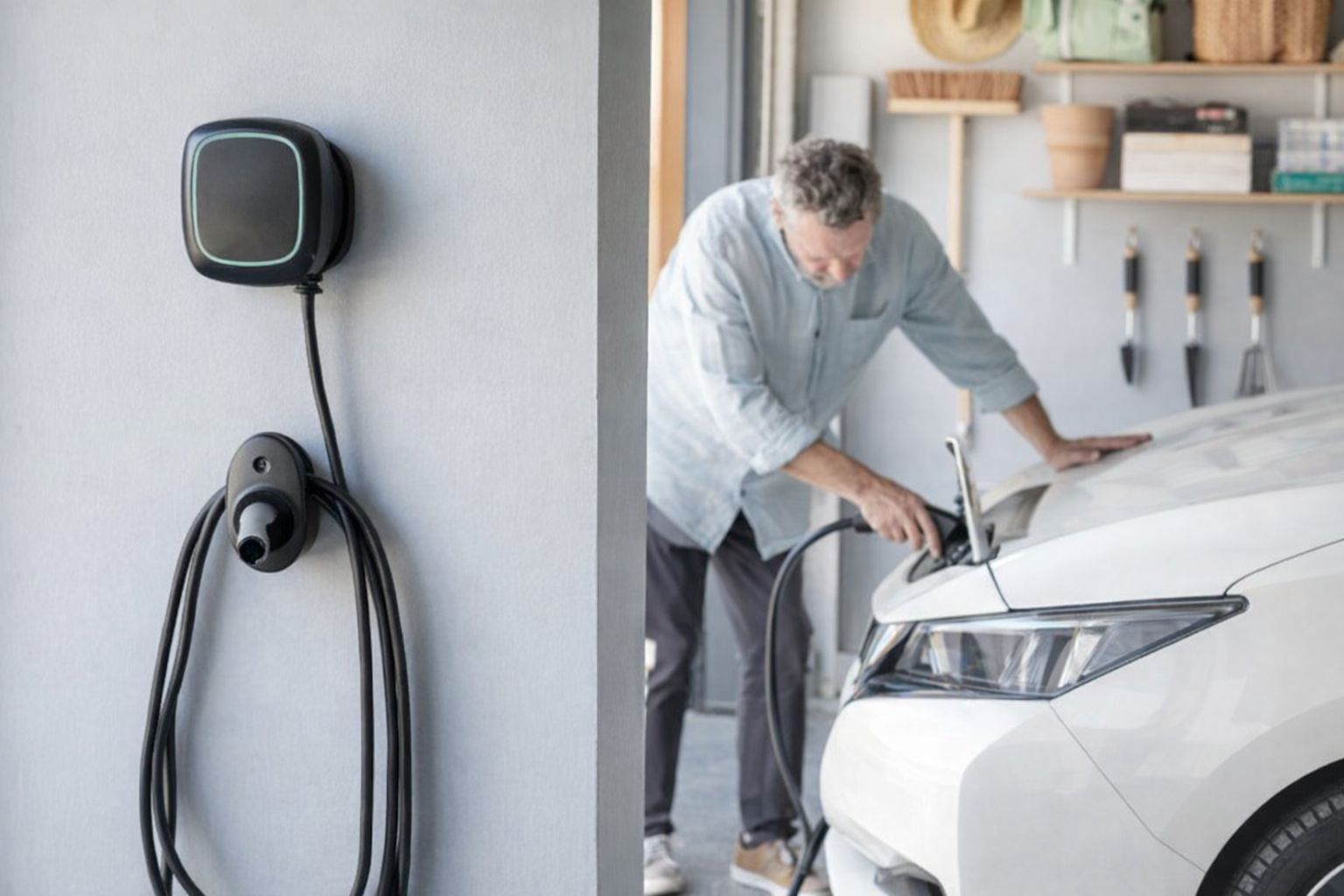 Mies kytkee sähköautoa Zaptec Go -tyyliseen kotilatausasemaan autotallissa.