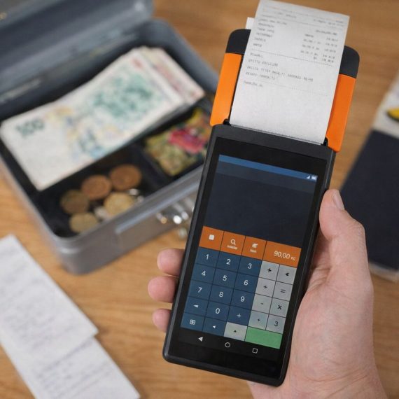 Kädessä pidettävä maksupääte ja avattu kassalipas seteleineen.