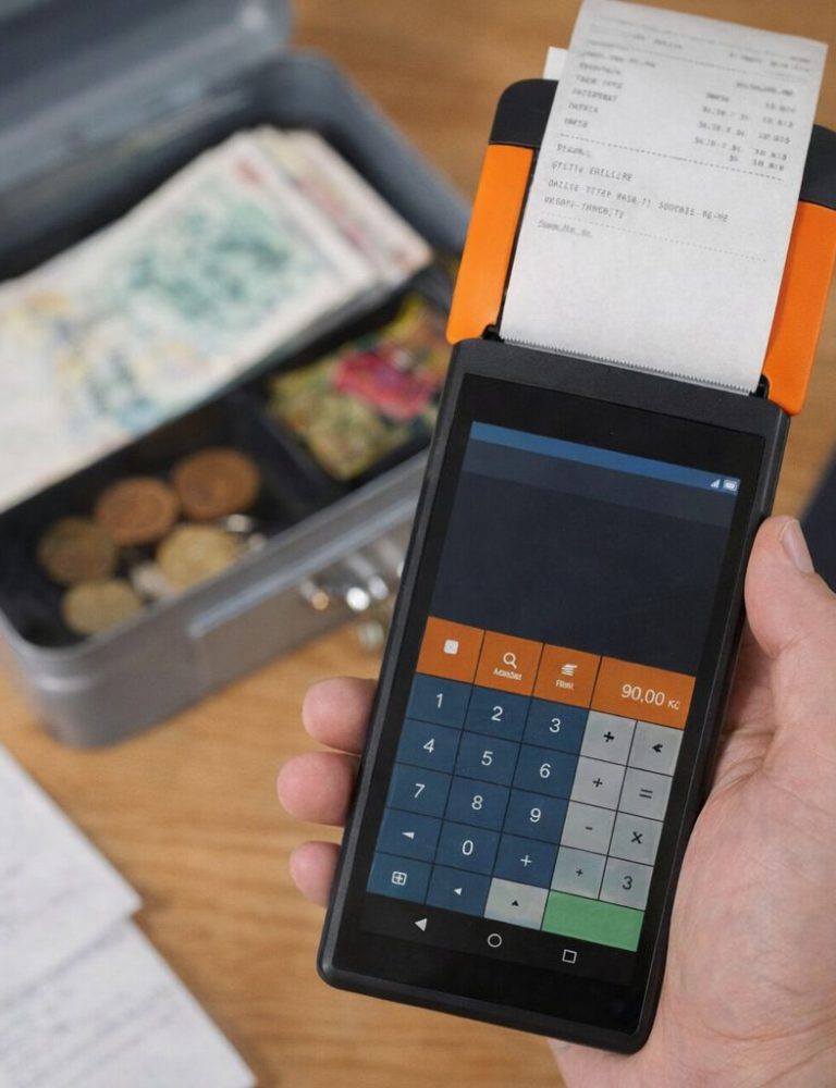 Kädessä pidettävä maksupääte ja avattu kassalipas seteleineen.