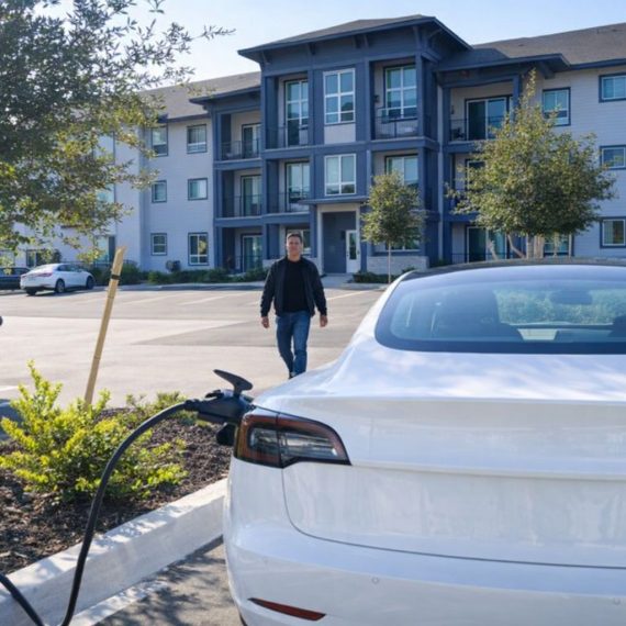 Valkoinen sähköauto latauksessa taloyhtiön parkkipaikalla.